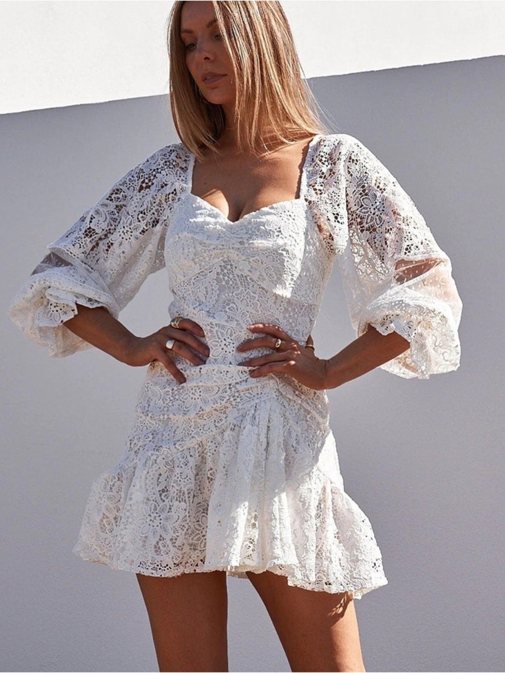 Jaus White Lace Mini Dress with Puff Sleeves - Picture 3 of 10